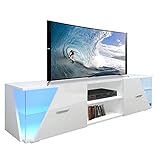 Dripex TV Schrank Lowboard Weiß Hochglanz mit LED Beleuchtung TV Board Fernsehtisch TV Vitrine, 150x37x35 cm